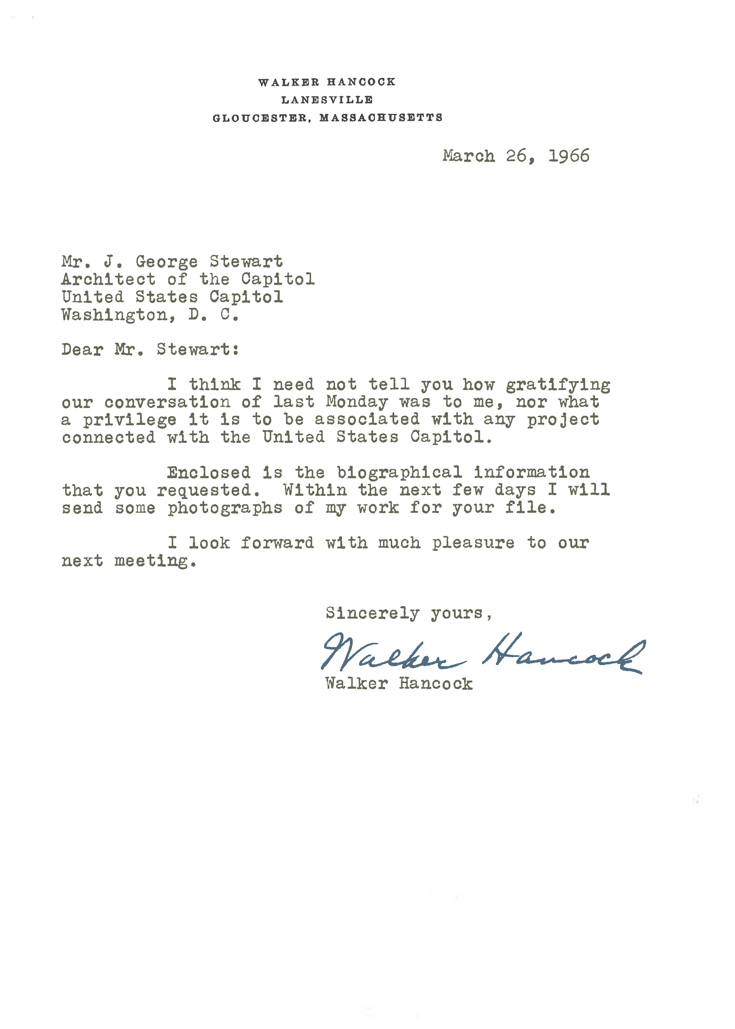 Letter from Walker Hancock to George Stewart