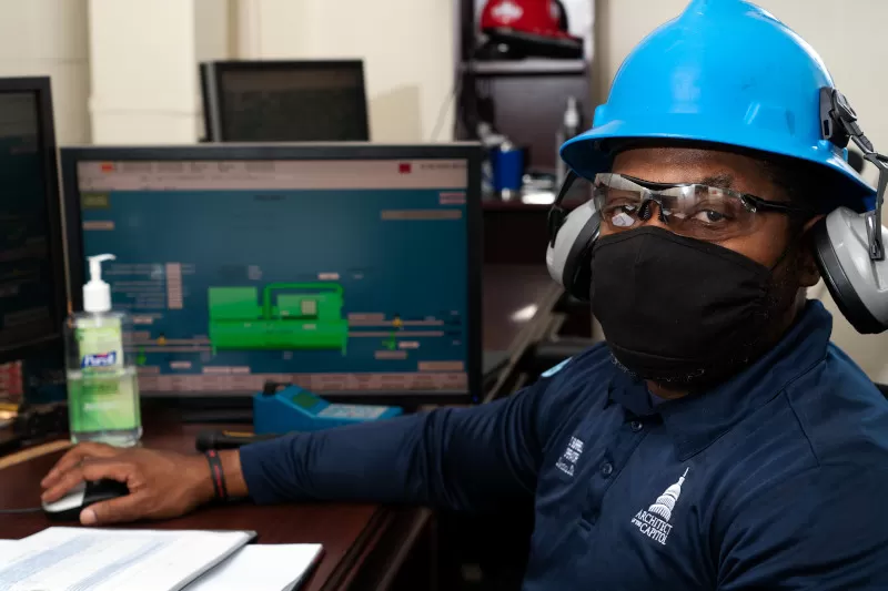 Power Plant Operator Dwayne Burrell in the new secondary control room  